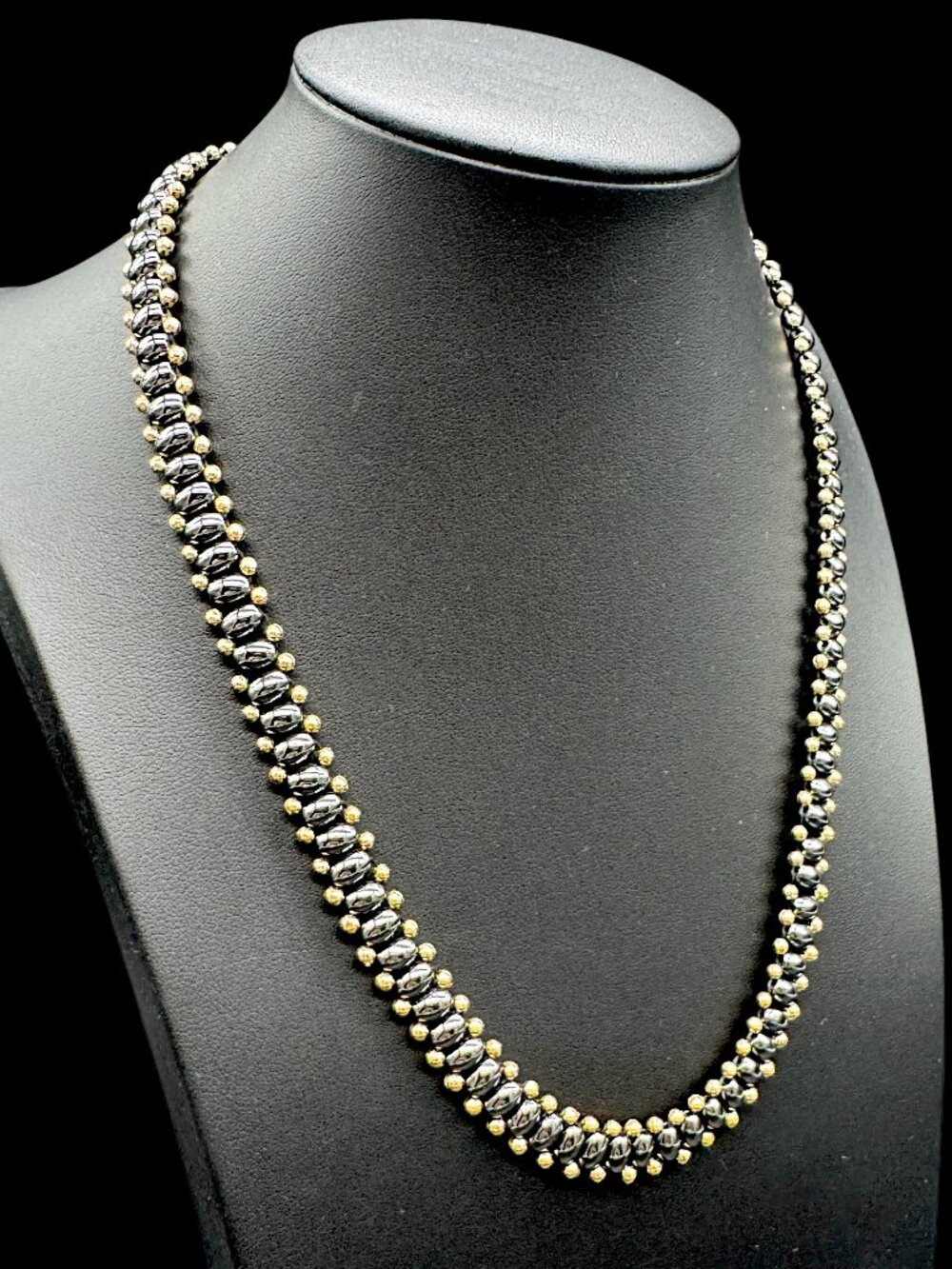 Hematite and Gold Tone Choker Necklace Beaded 18 inches